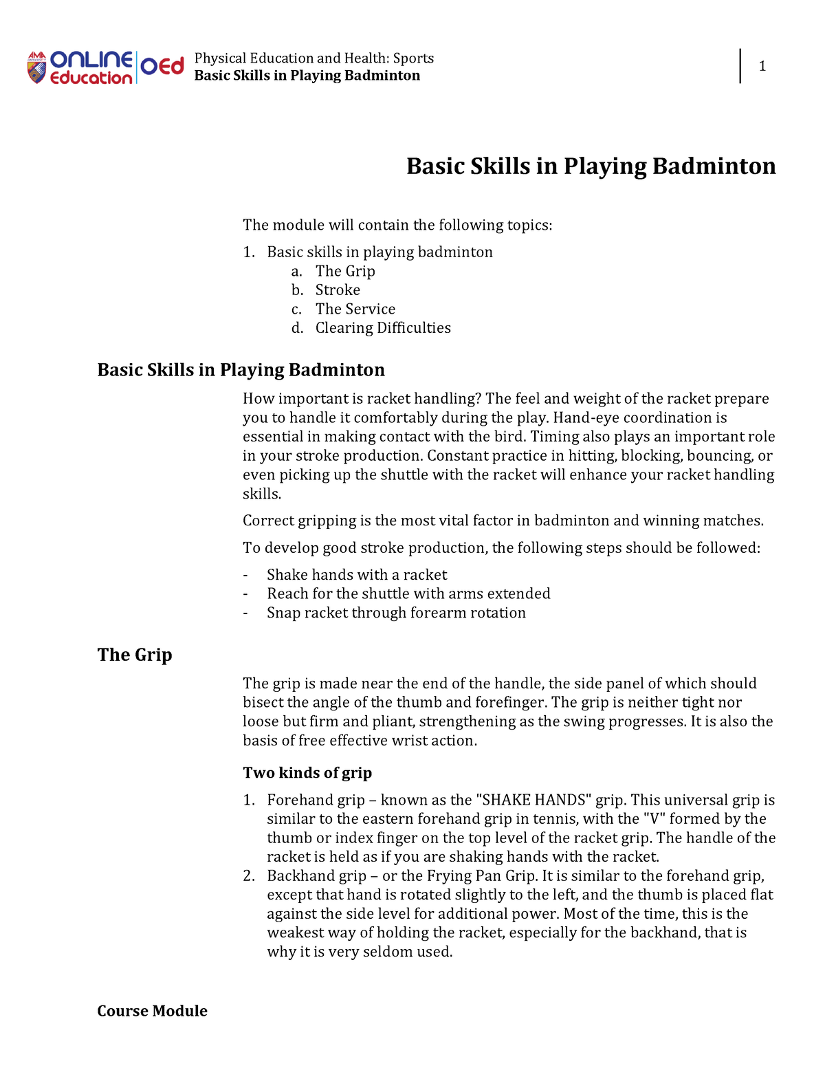 Module 2 - Basic Skills In Playing Badminton - Physical Education And ...