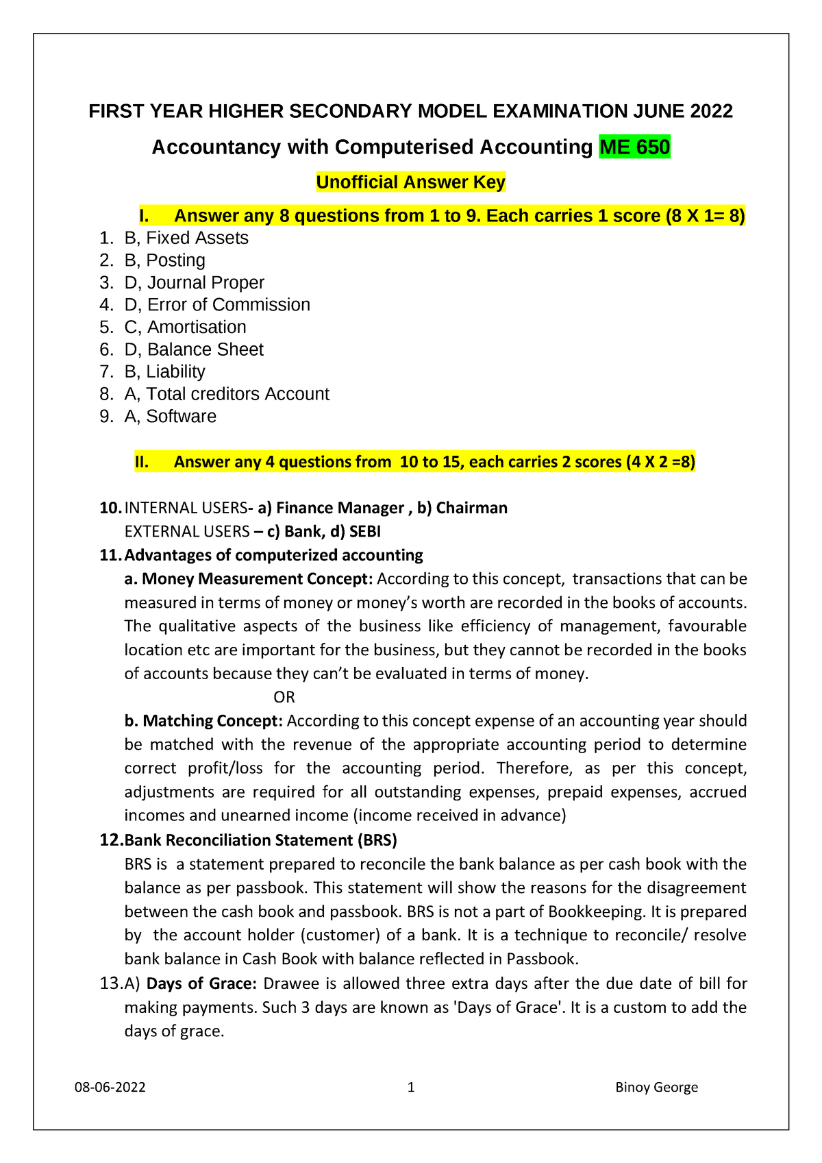 Answer Key, +1 Accountancy Model Exam-2022 June - FIRST YEAR HIGHER ...