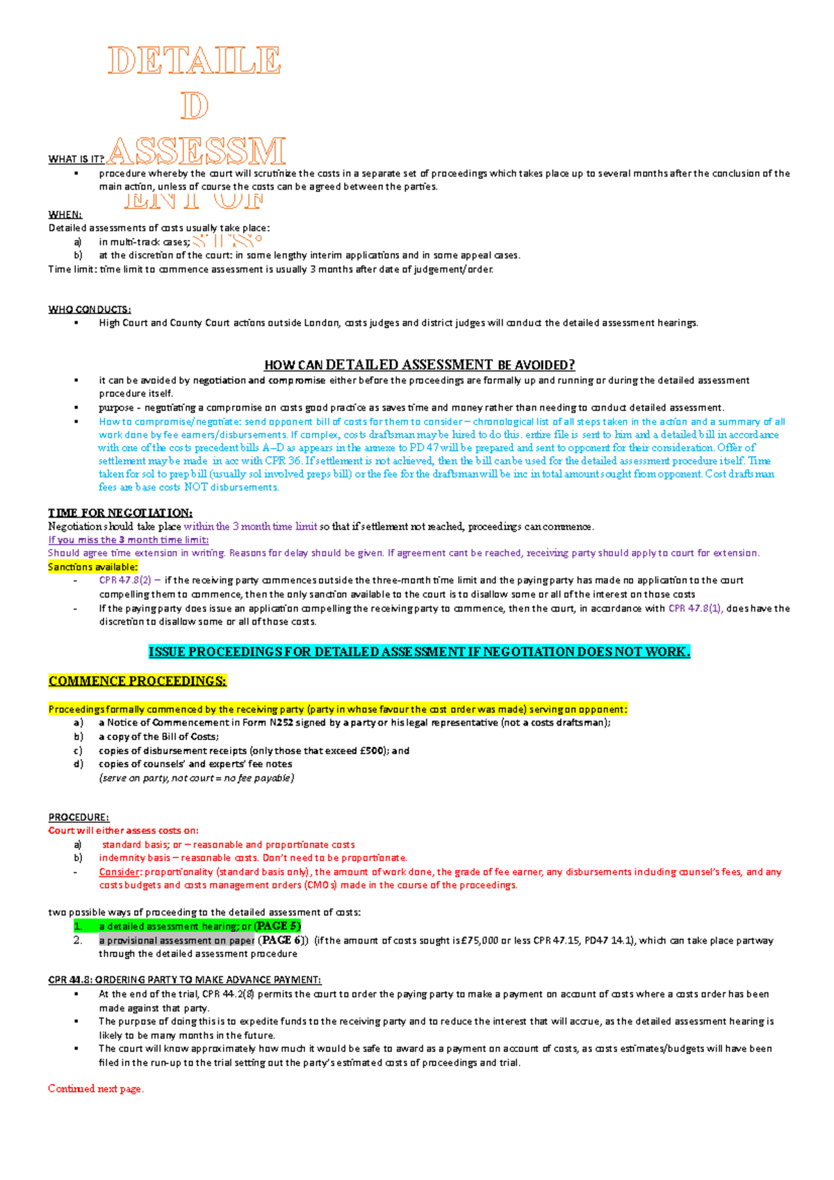 Assessment of costs Lecture notes 10 DETAILE D ASSESSM ENT OF COSTS WHAT IS IT? procedure