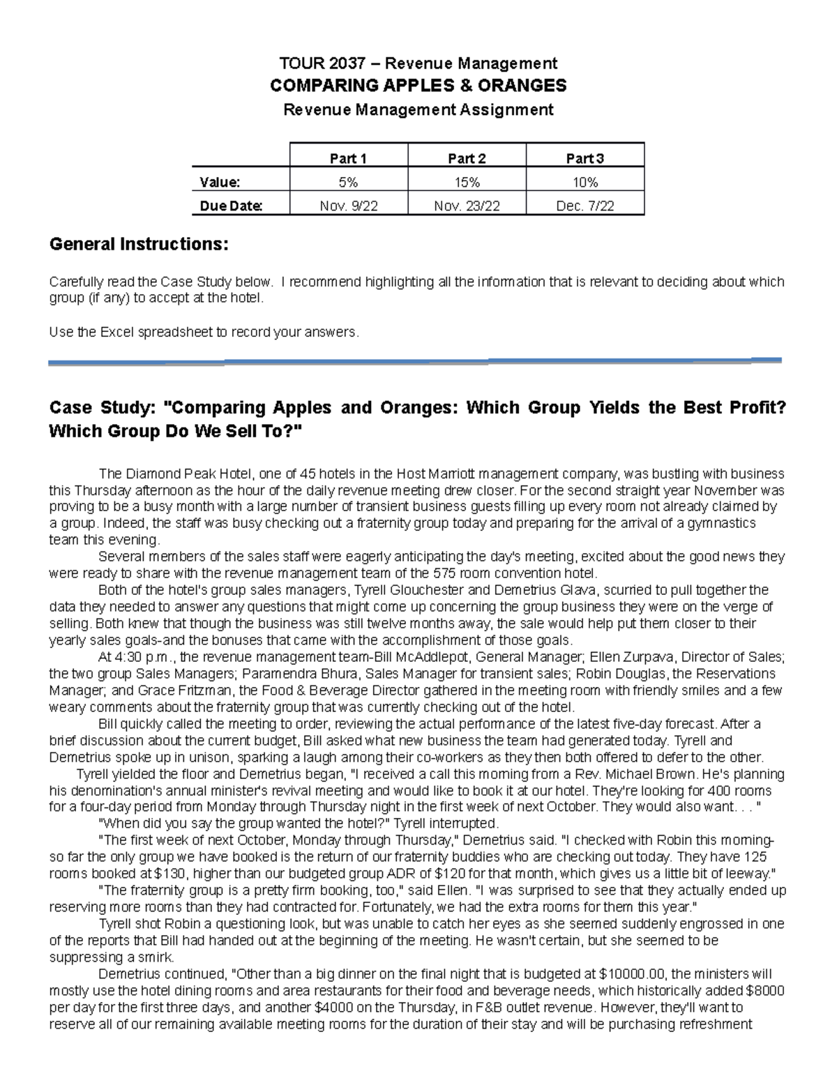 Apples and Oranges Assignment TOUR 2037 Revenue Management