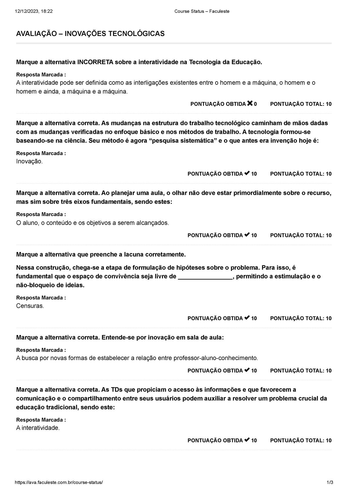 Course Status – Faculeste - Avaliação – Inovações Tecnológicas - 12/12 ...