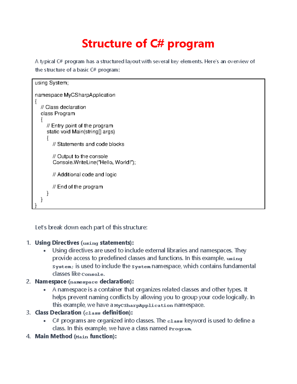 Structure of C# - hellow - Structure of C# program A typical C# program ...