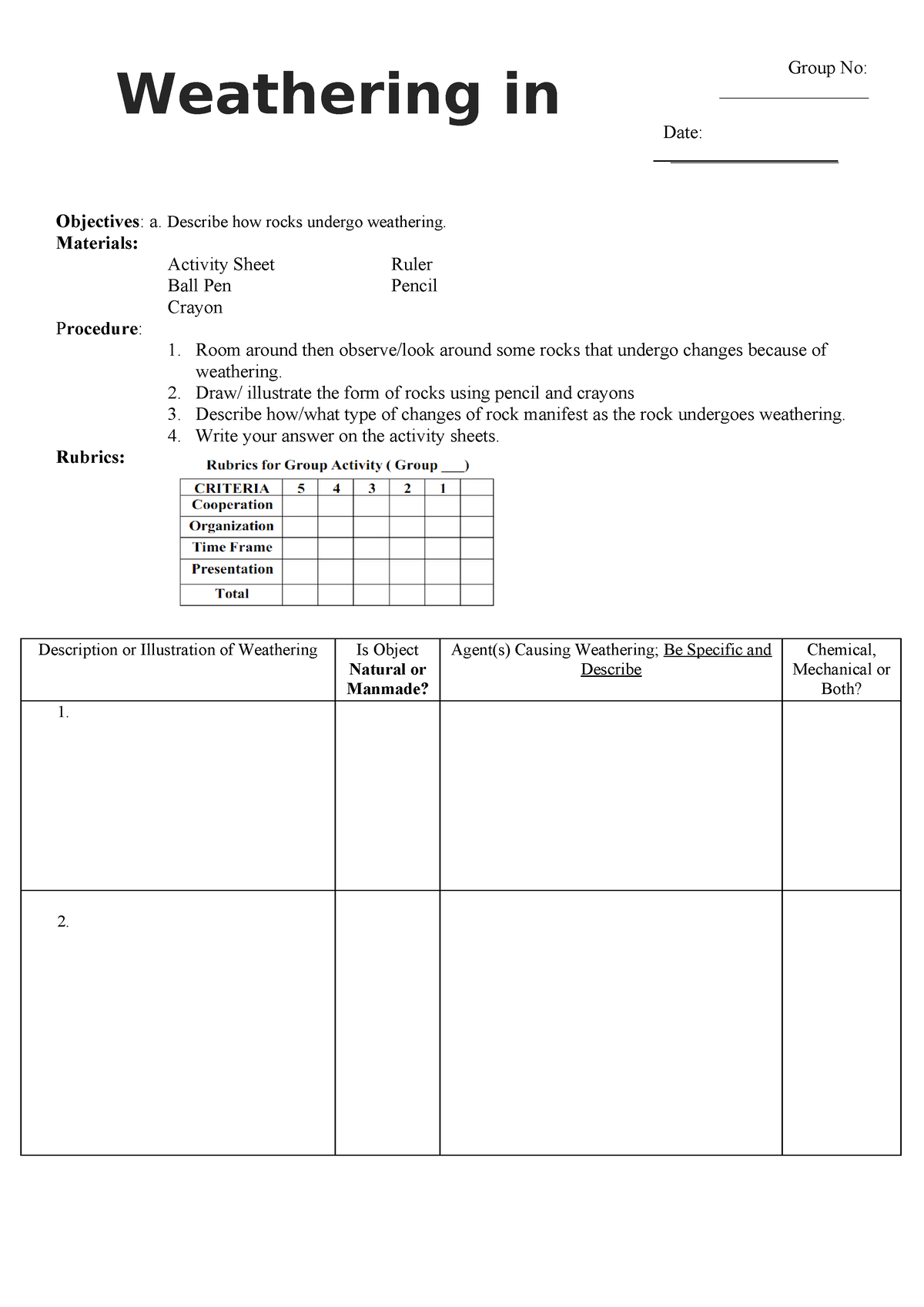 5. Weathering IN Action - Group No: ________________ Date ...