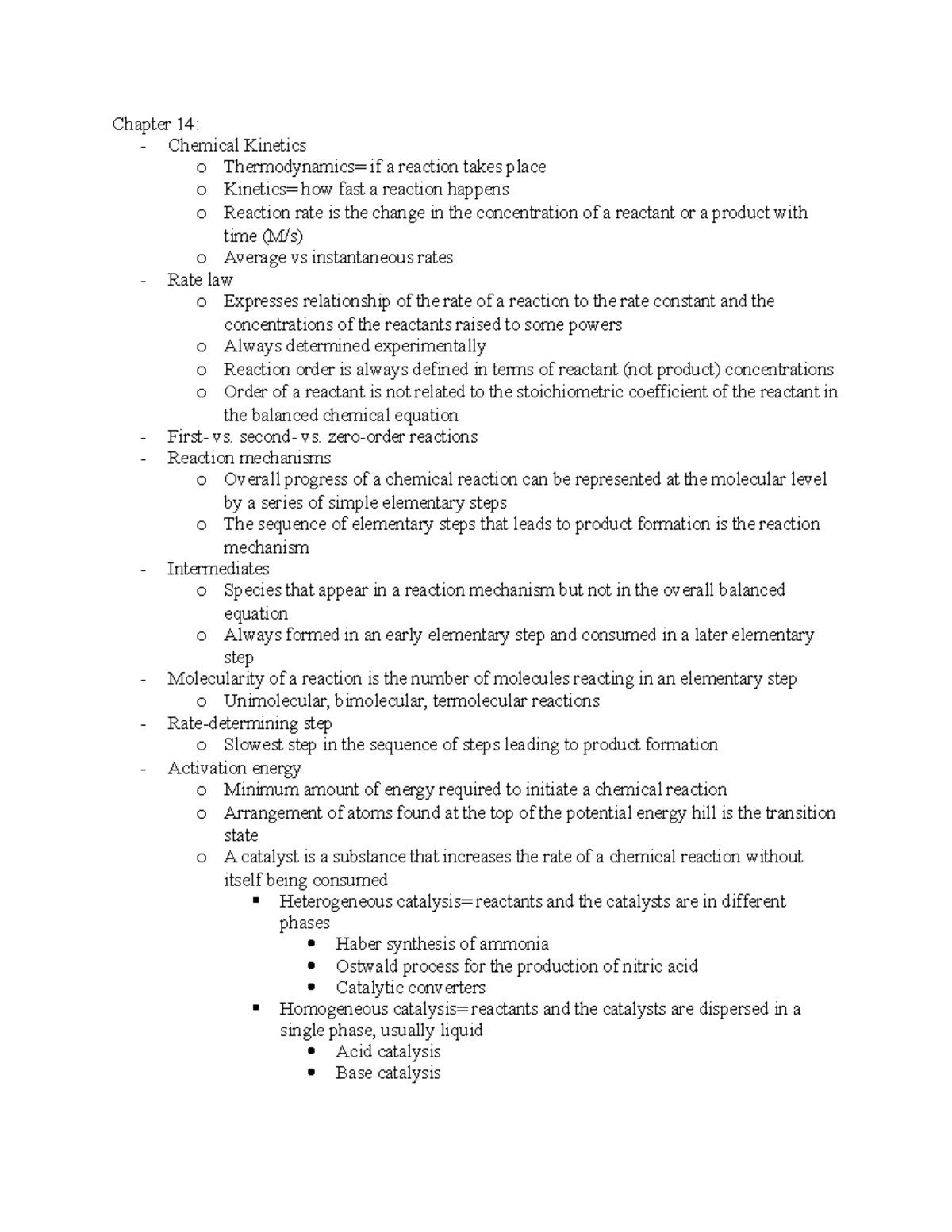 Chapter 14 Notes - Chapter 14: - Chemical Kinetics o Thermodynamics= if ...