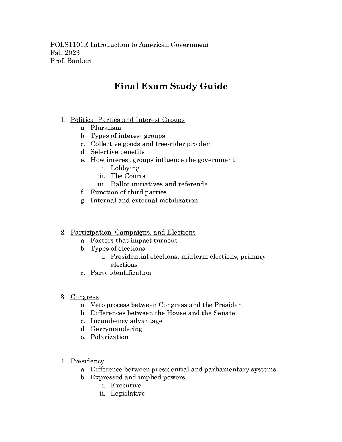 POLS1101 Final Exam Study Guide Fall 2023 - POLS1101E Introduction To ...