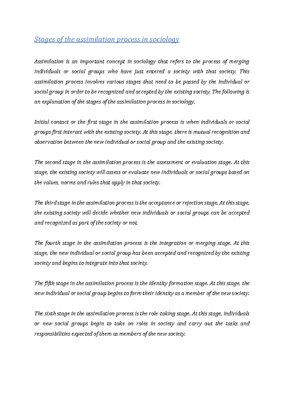 Stages of the assimilation process in sociology - Stages of the ...