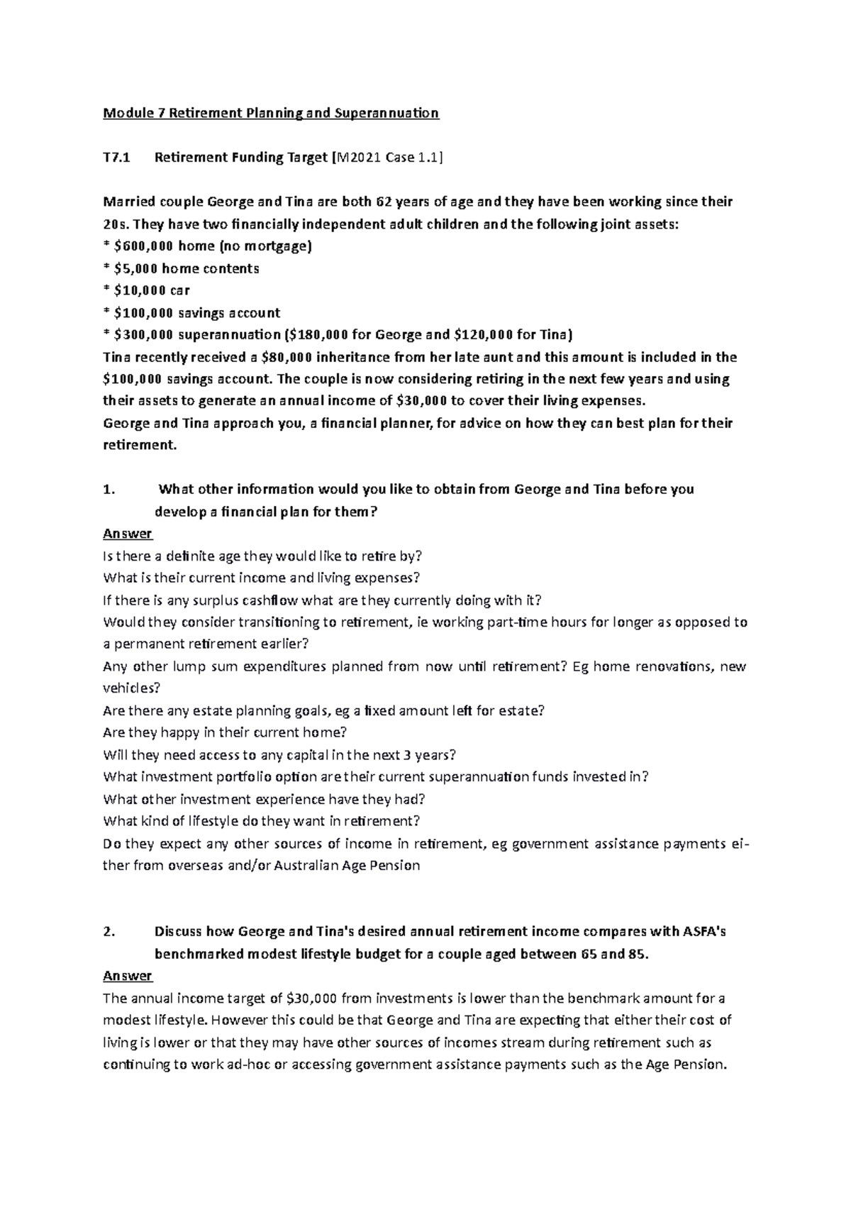 Tutorial M07 Questions and Answers - Module 7 Retirement Planning and ...