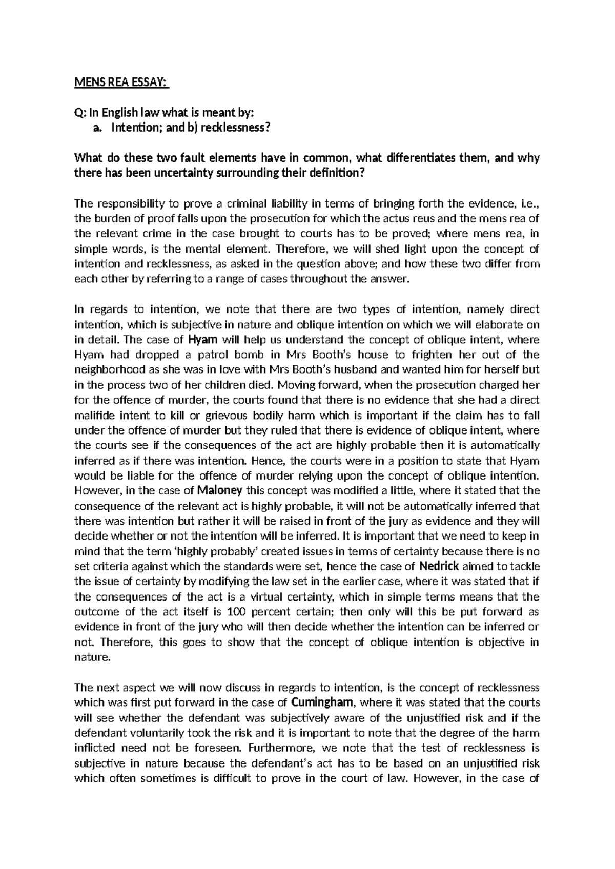 MENS REA Essay - MENS REA ESSAY: Q: In English law what is meant by: a ...