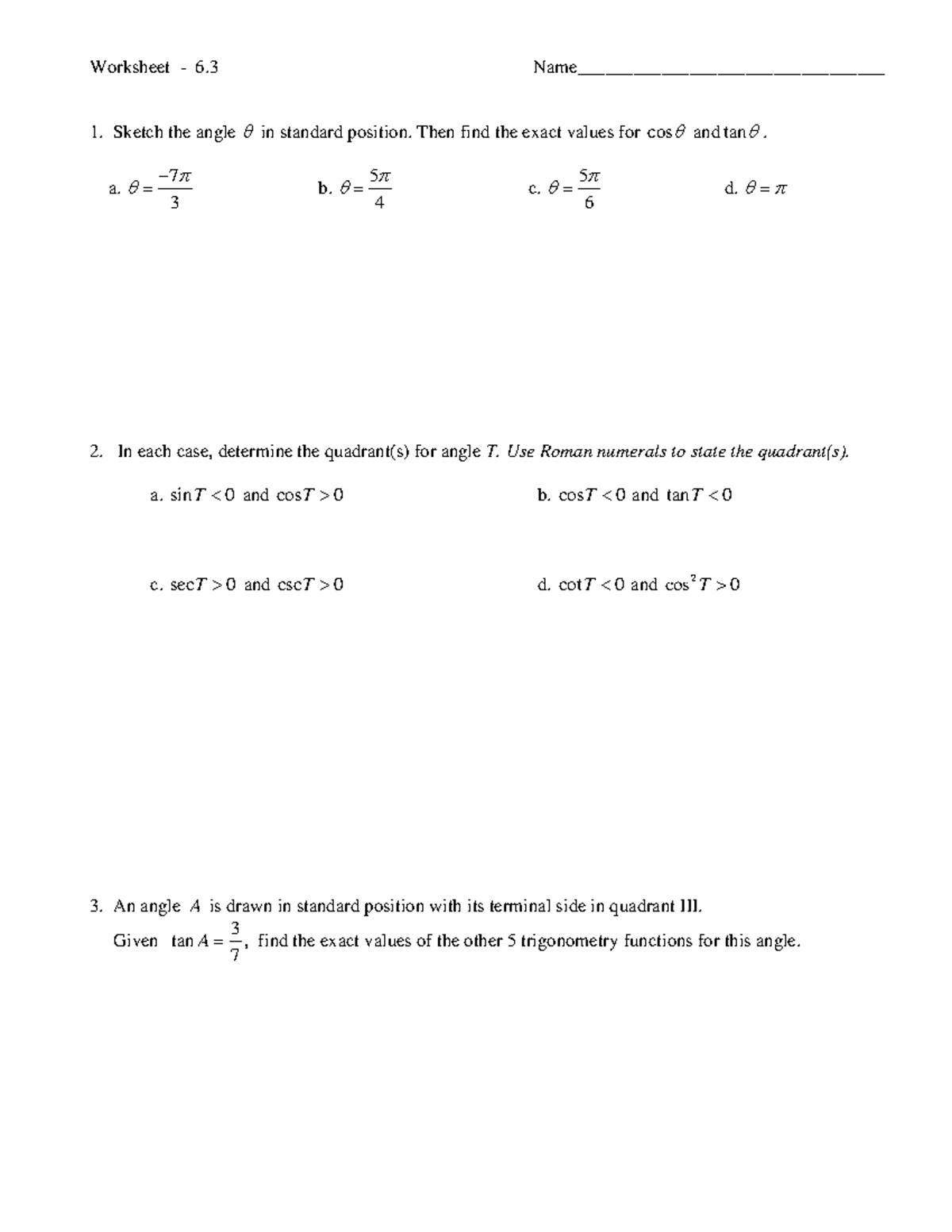 WS 33 (6 - Worksheet 33 - Worksheet 6 1. Sketch the angle in standard ...