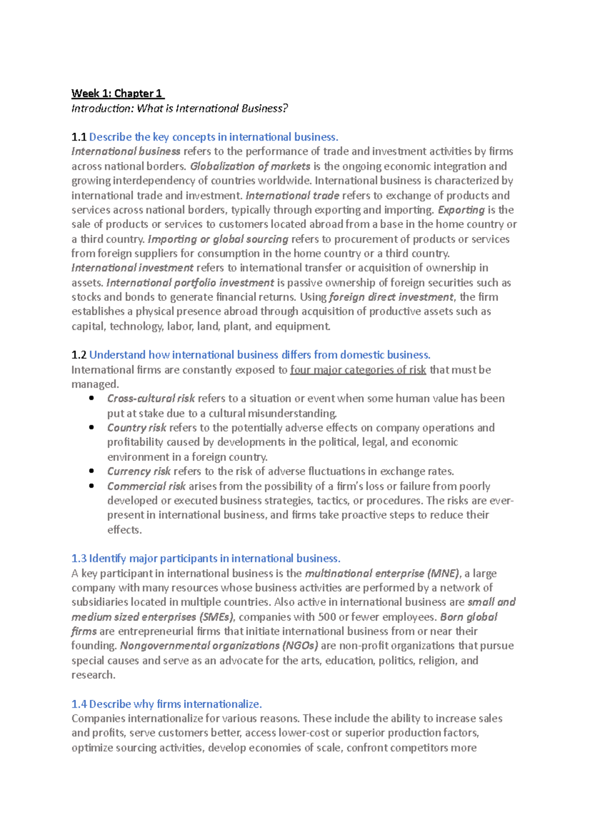 Bus202 summary - Week 1: Chapter 1 Introduction: What is International ...