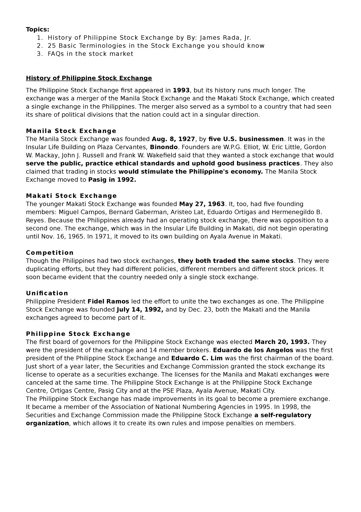 AAA Overview of PSE - Topics: 1. History of Philippine Stock Exchange ...