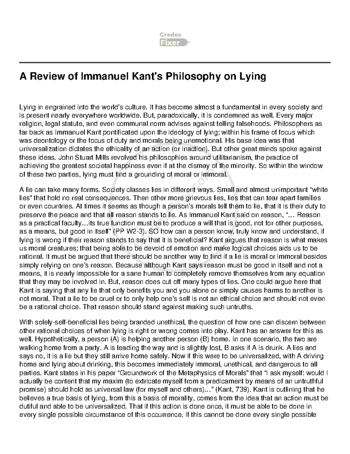A Review of Immanuel Kants Philosophy on Lying - It has become almost a ...