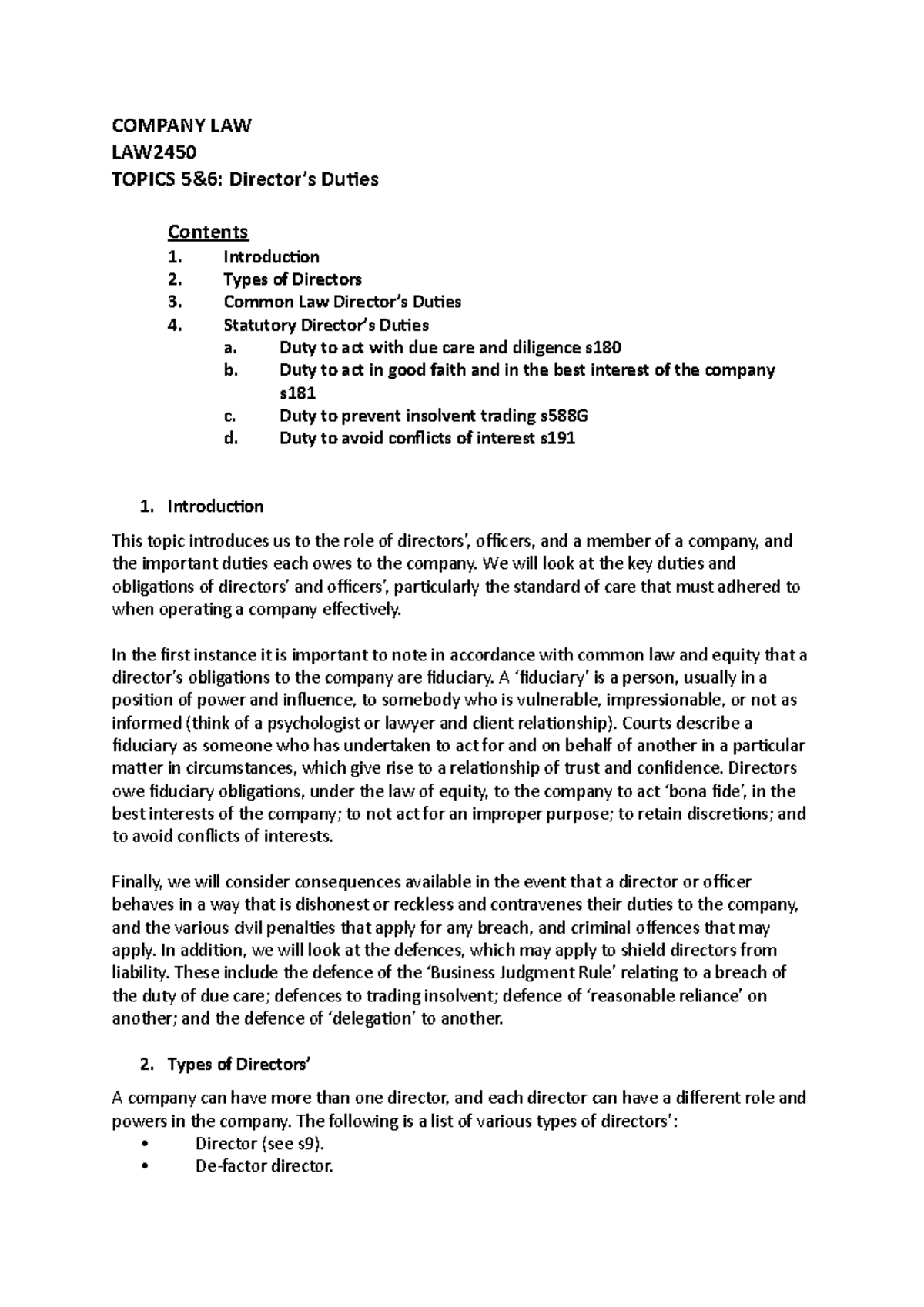 Topic 5 and 6 Class Notes - COMPANY LAW LAW TOPICS 5&6: Director’s ...
