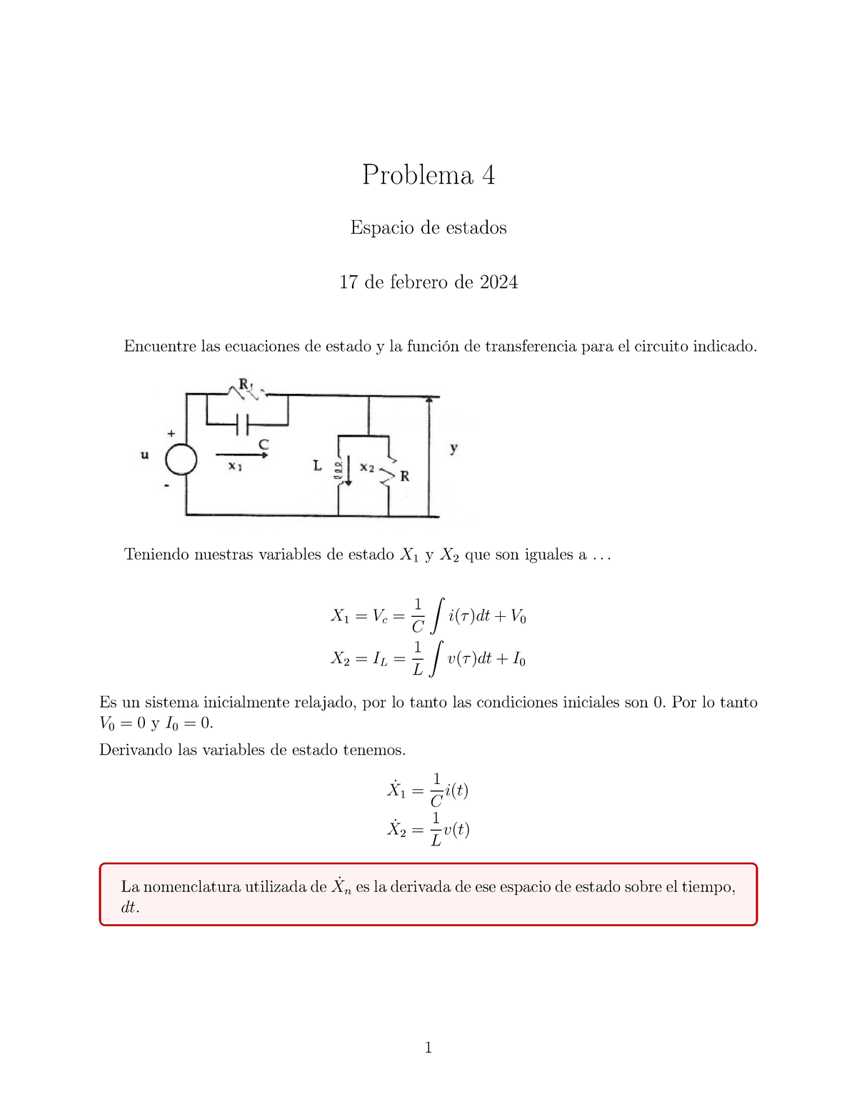 Problema 4 Obtención De La Función De Transferencia De Un Circuito Rlc Con Espacio De Estados 4072