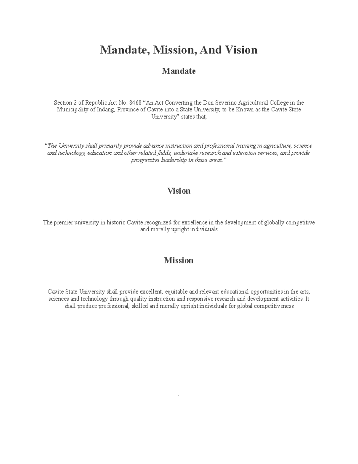 Mandate, Mission, And Vision - Mandate, Mission, And Vision Mandate ...