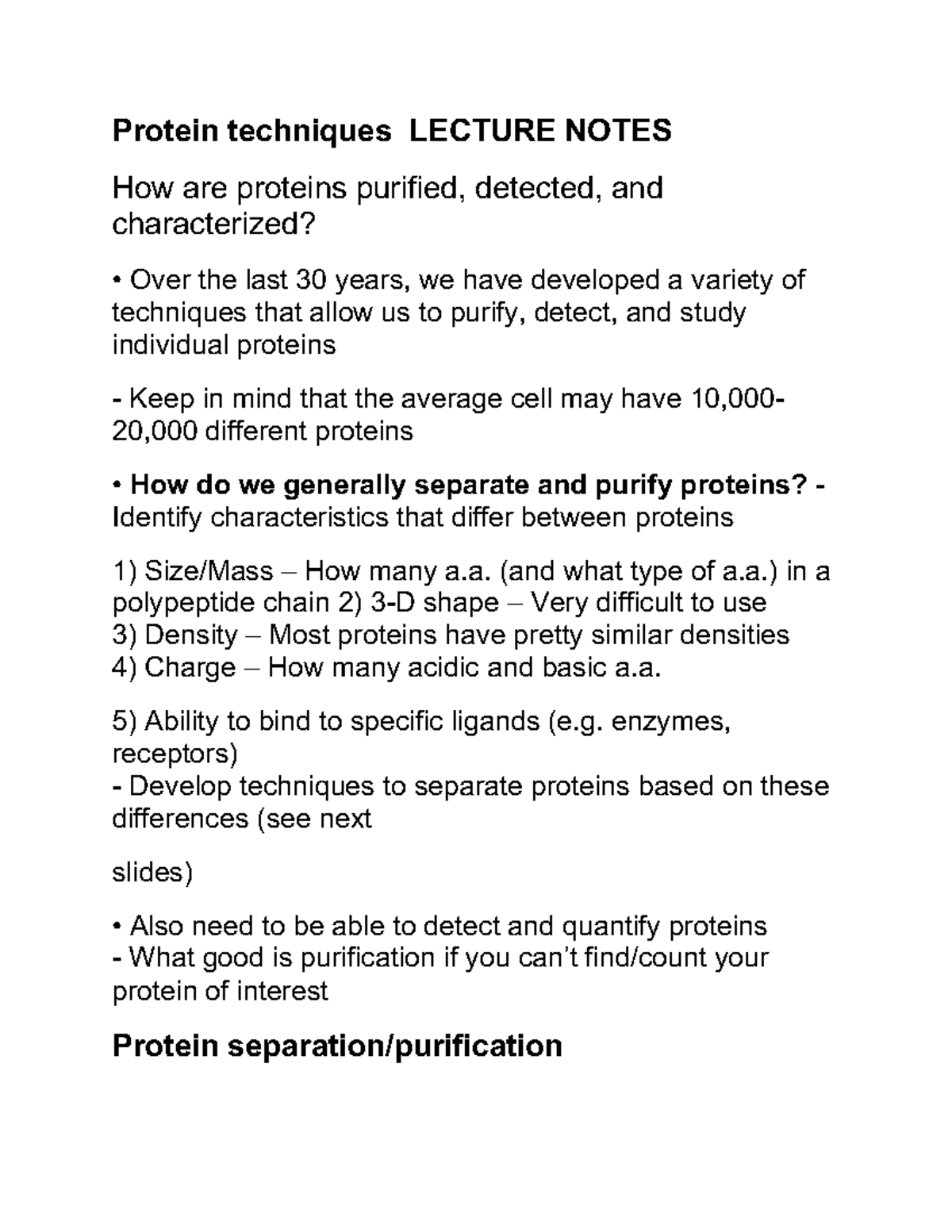 1 Protein techniques Lecture Notes Protein techniques LECTURE NOTES