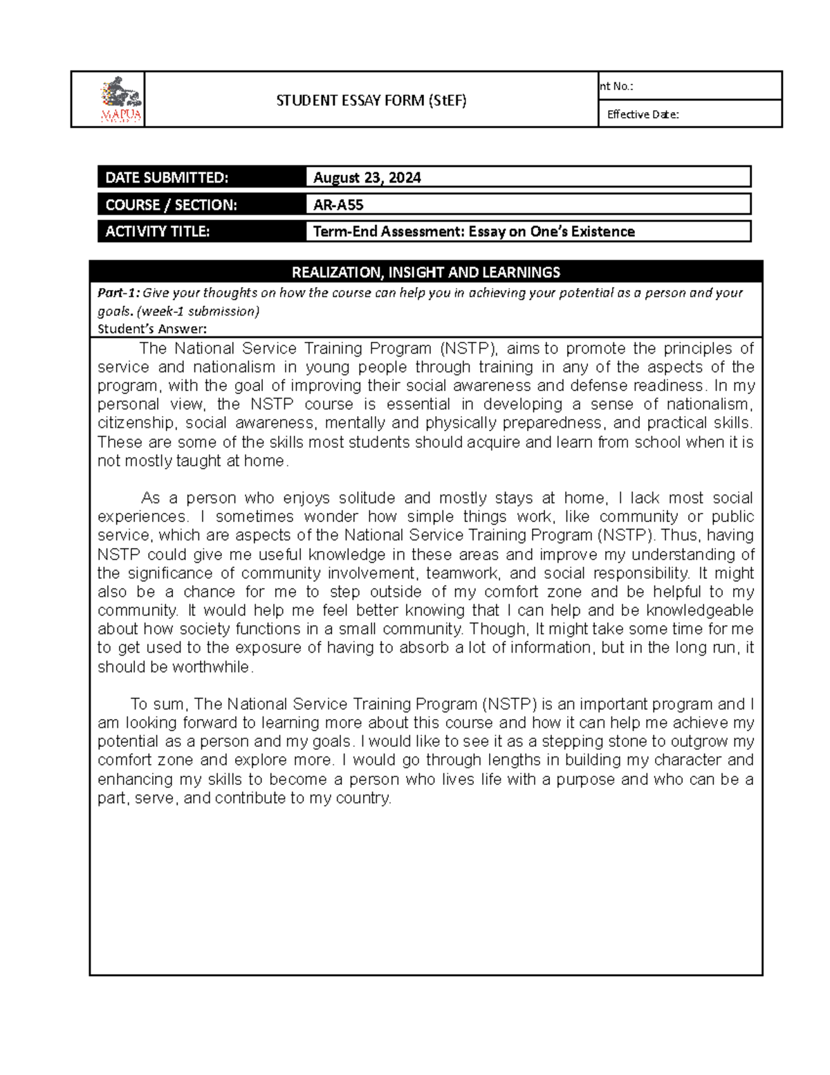 Term-End Essay part-1 A55 - STUDENT ESSAY FORM (StEF) nt No.: Effective ...