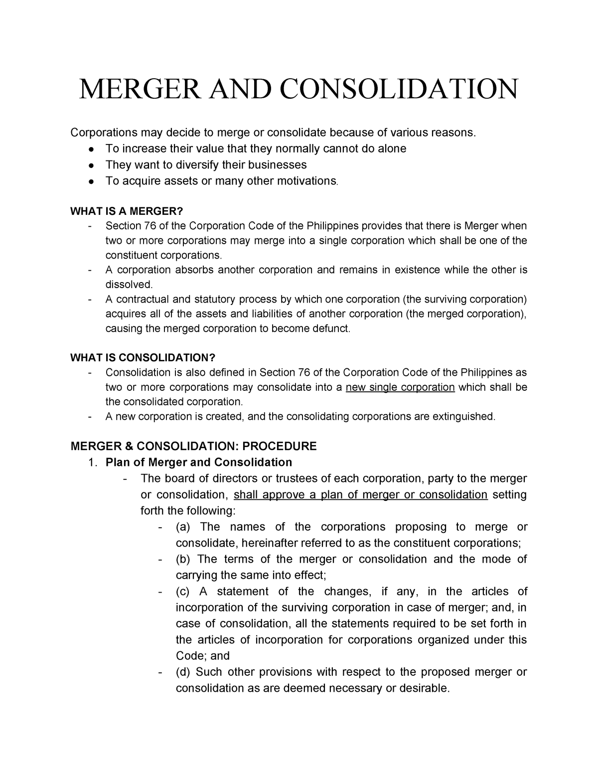 Merger And Consolidation Report - MERGER AND CONSOLIDATION Corporations ...