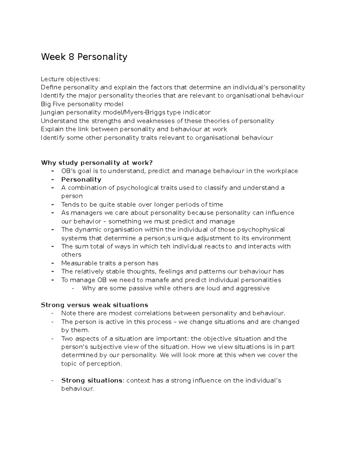 Final Test Module Notes M206 - Week 8 Personality Lecture objectives ...