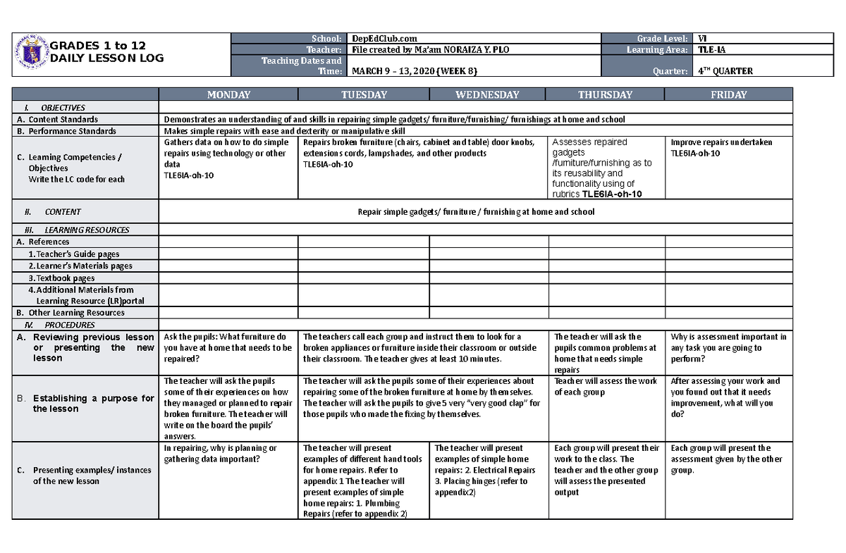 Dll Tle 6 Q4 W8 Lesson Log Grades 1 To 12 Daily Lesson Log School Depedclub Grade Level Vi 8134