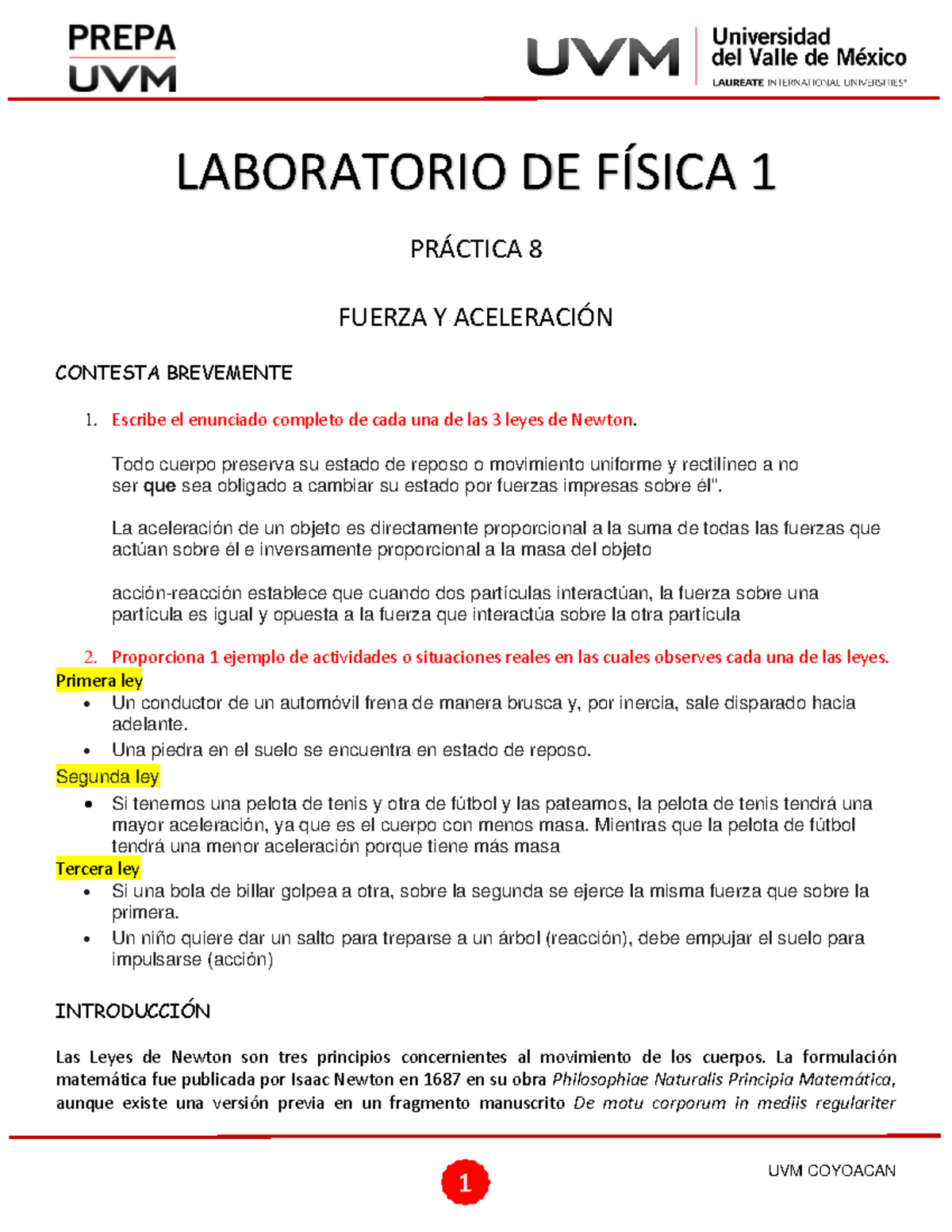 P8 Fuerza Y Aceleración - UVM COYOACAN LABORATORIO DE FÕSICA 1 PR¡CTICA ...