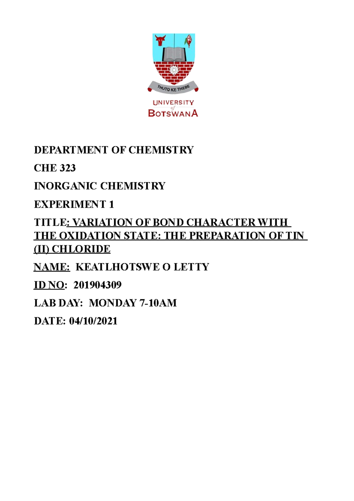 Department OF Chemistry DEPARTMENT OF CHEMISTRY CHE 323