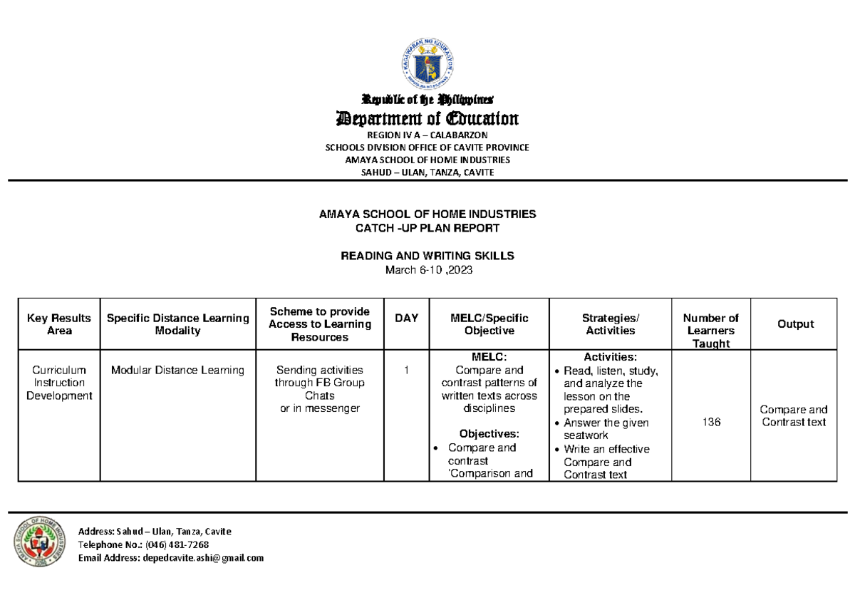 Catch-UP-PLAN Report March-6-10- Reading and Writing Skills Grade 11 ...