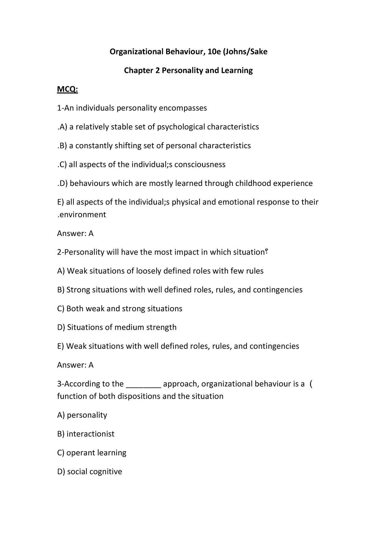 Ob Tut Ch2 With Ans Business Organizational Behaviour 10e Johnssake Chapter 2 Personality 5071