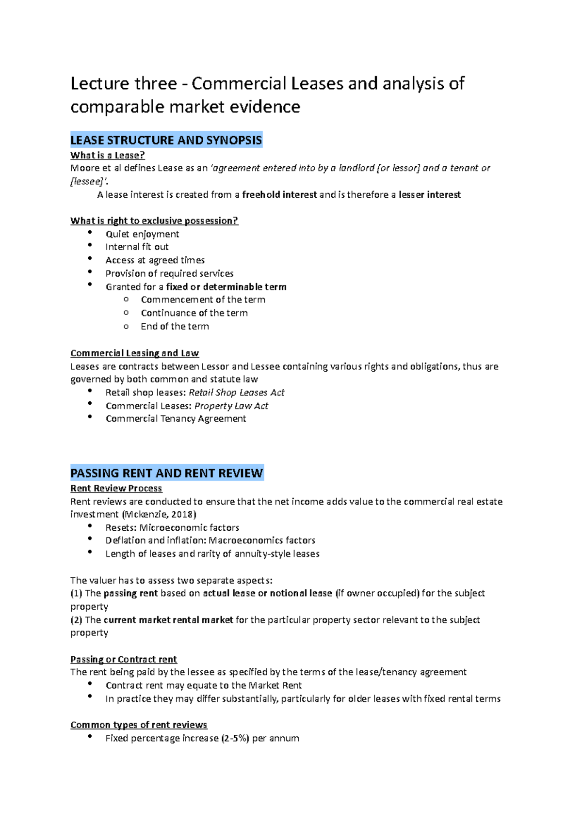 USB144 Lecture 3 Summary - Lecture Three - Commercial Leases And ...