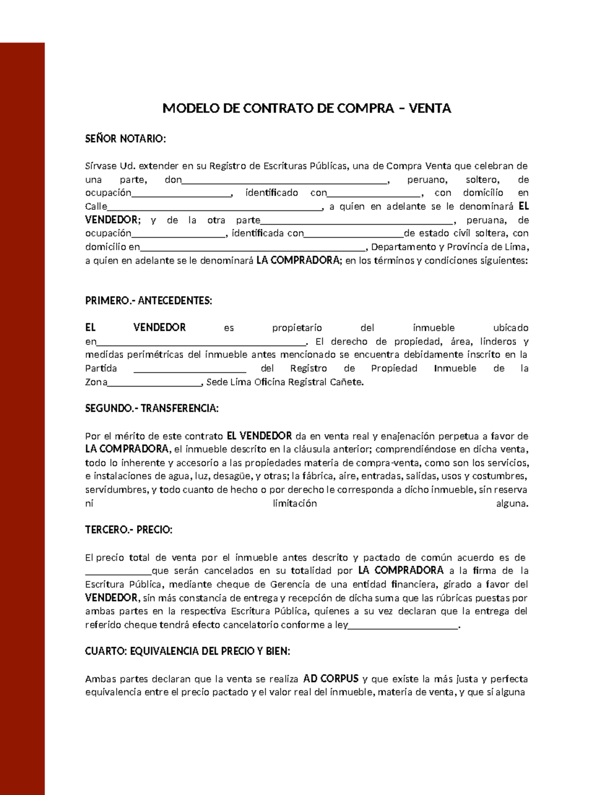 Modelo De Contrato De Compraventa Modelo De Contrato De Compra