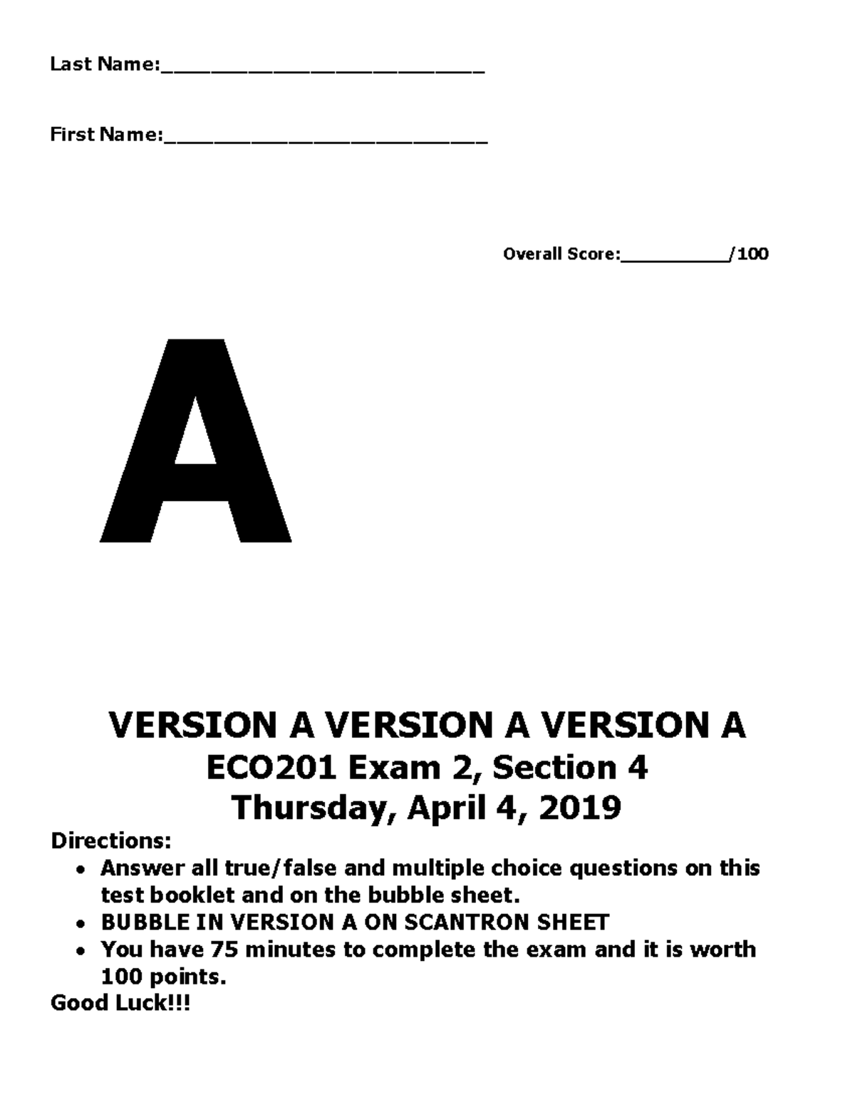 Exam+2+Section+4+Version+A - Last Name:__________________________ First ...
