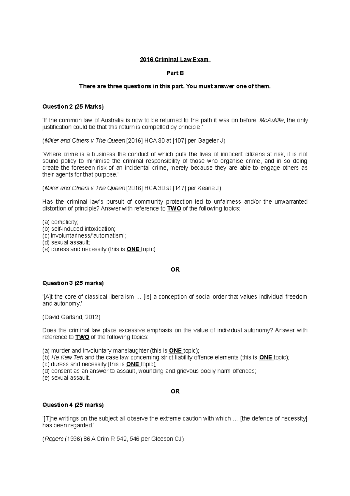 Previous Essay Questions in Criminal Law Exams LAWS1016 USyd Studocu