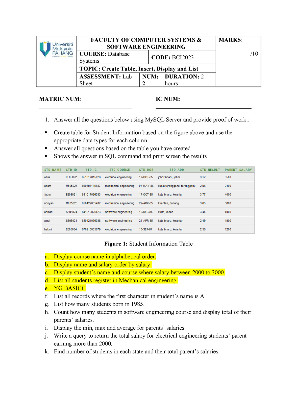 Exercise DATABASE - FACULTY OF COMPUTER SYSTEMS & SOFTWARE ...