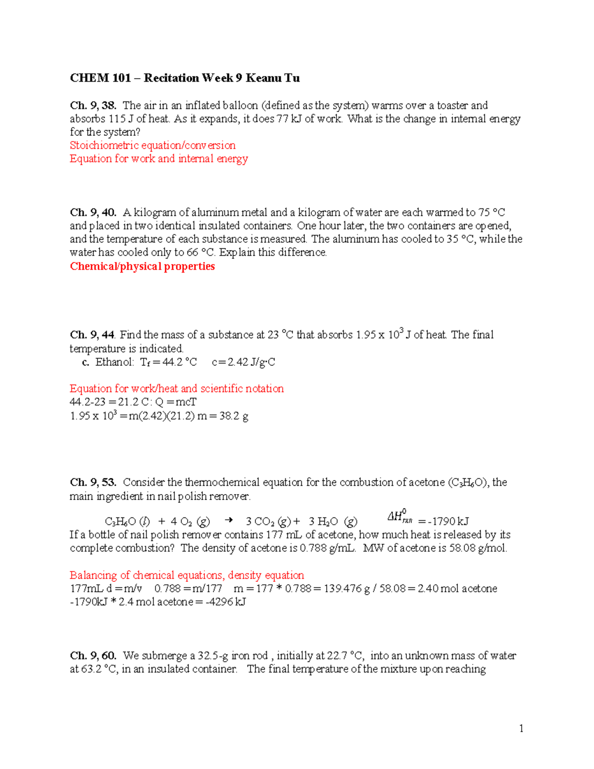 CHEM 101 Recitation Week 9 - CHEM 101 – Recitation Week 9 Keanu Tu Ch ...