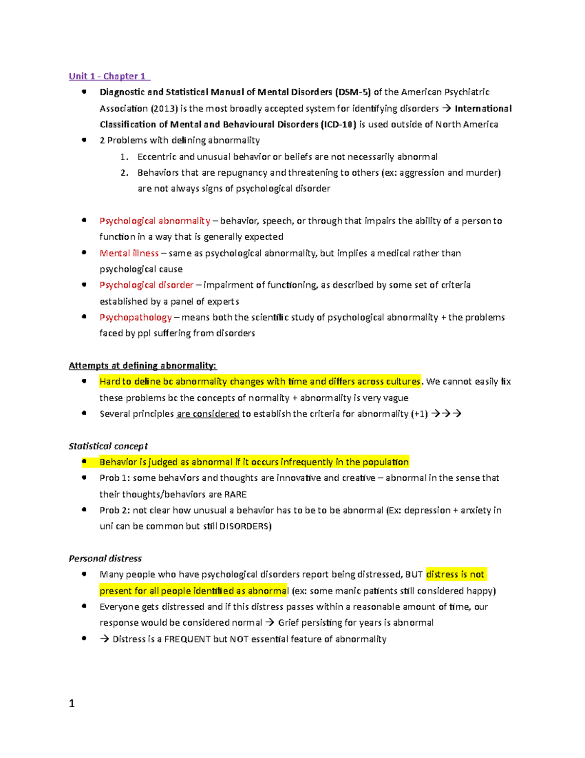 DE Abnormal Psych Notes For Midterm 1 - Unit 1 - Chapter 1 Diagnostic ...