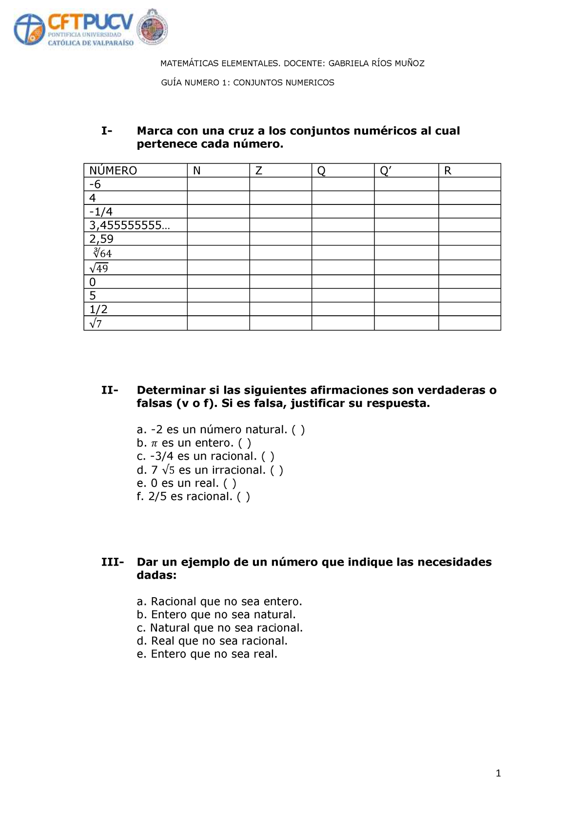 GUIA 1 Conjunto Numerico - MATEM¡TICAS ELEMENTALES. DOCENTE: GABRIELA ...