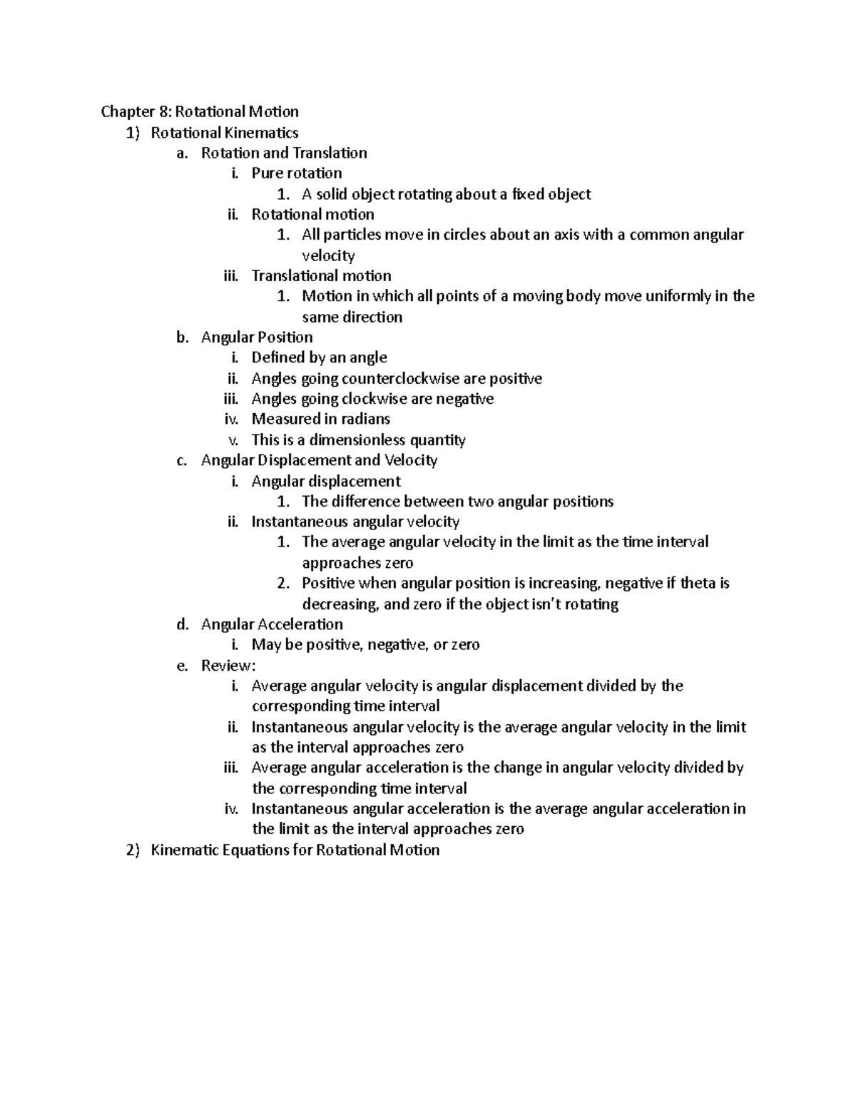 Chapter 8 - Chapter 8: Rotational Motion 1) Rotational Kinematics a ...