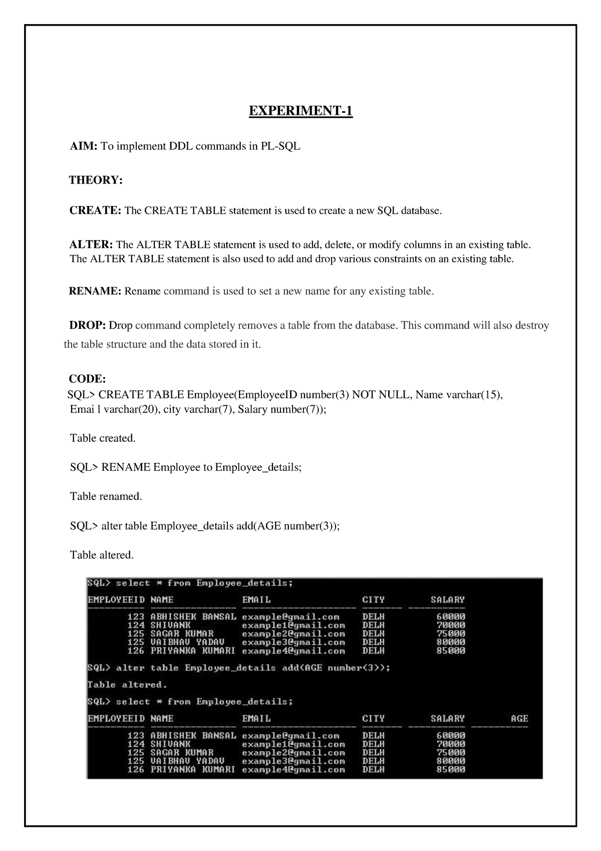 adbms-lab-file-experiment-aim-to-implement-ddl-commands-in-pl-sql