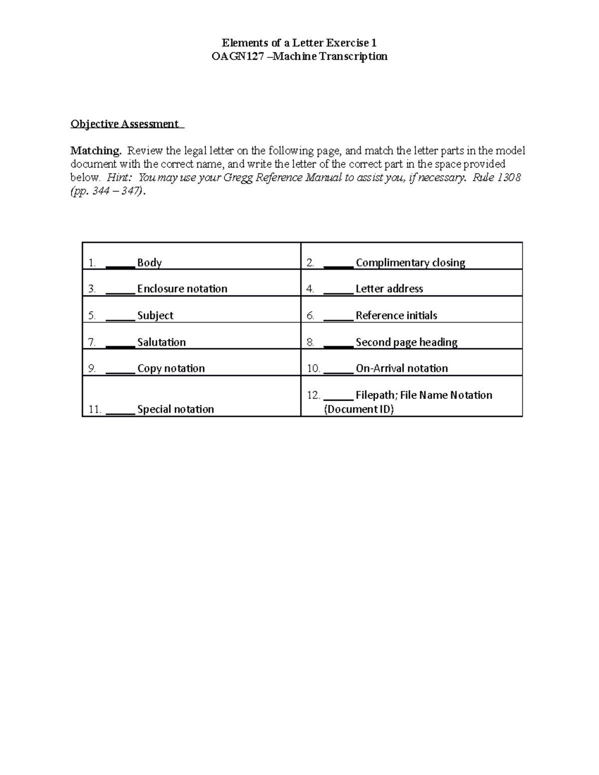 Elements of a Letter Exercise 1 OAGN127 Transcription Objective