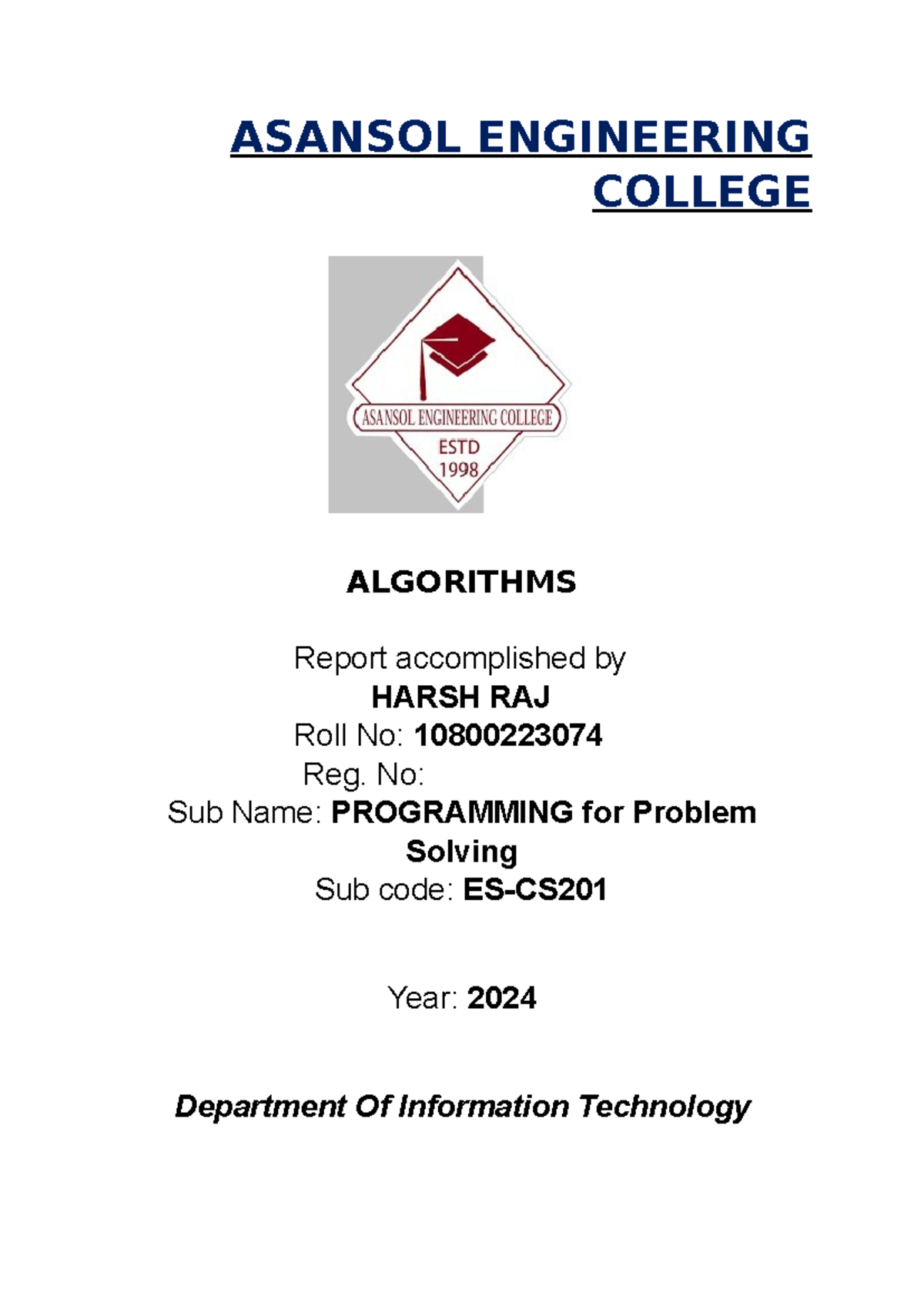 AEC ALGO - ASANSOL ENGINEERING COLLEGE ALGORITHMS Report accomplished ...