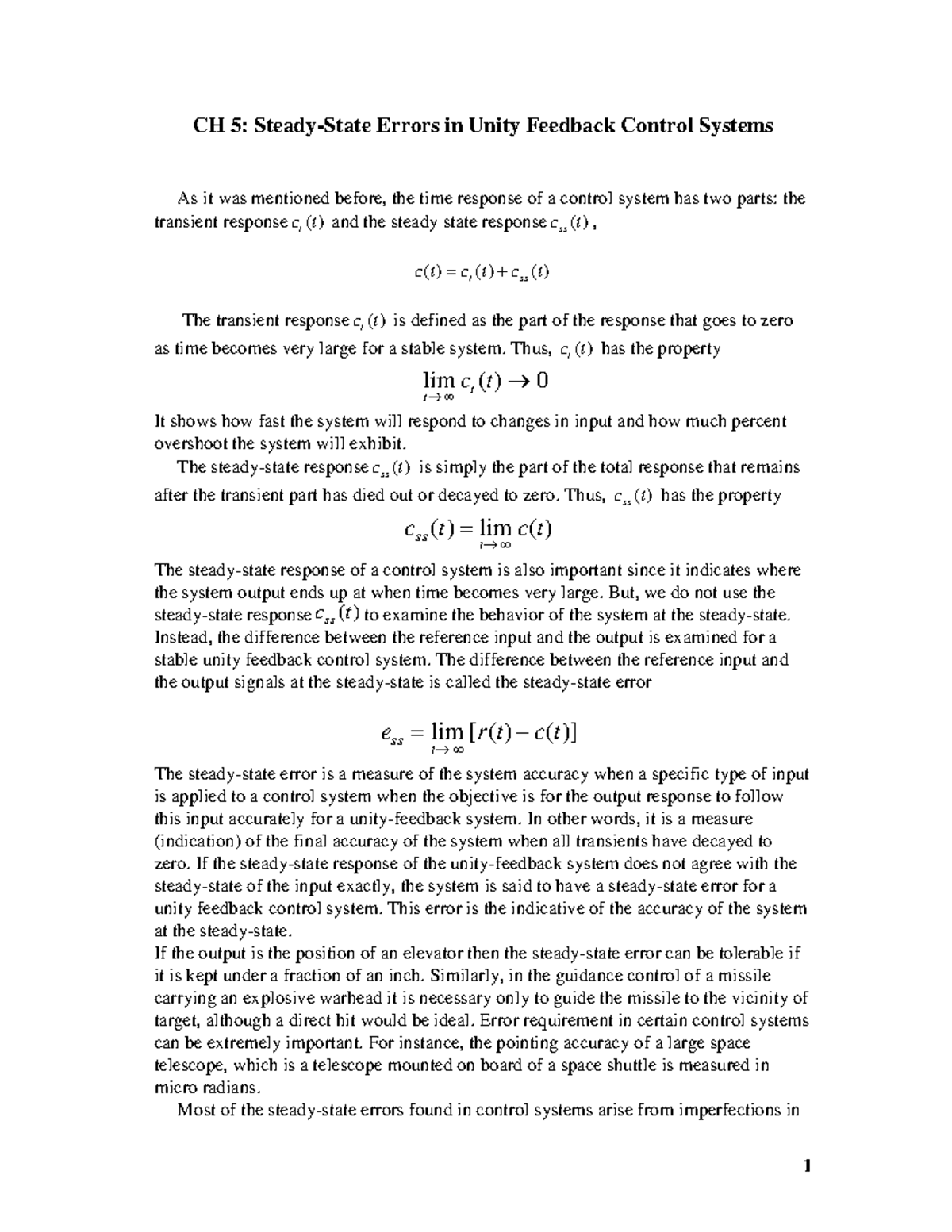 EECE425 CH 5 Steady State Errors In Unity Feedback Control Systems
