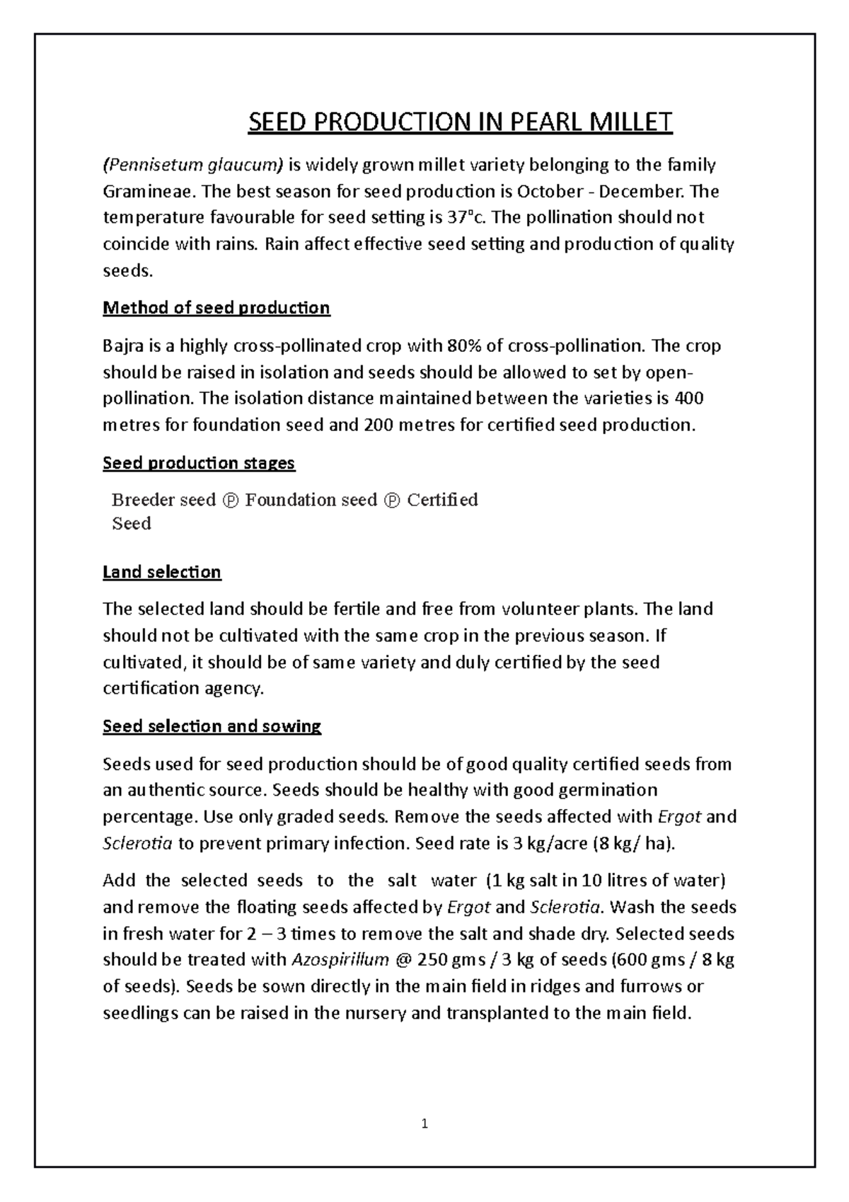 Seed Production in Pearl Millet SEED PRODUCTION IN PEARL MILLET