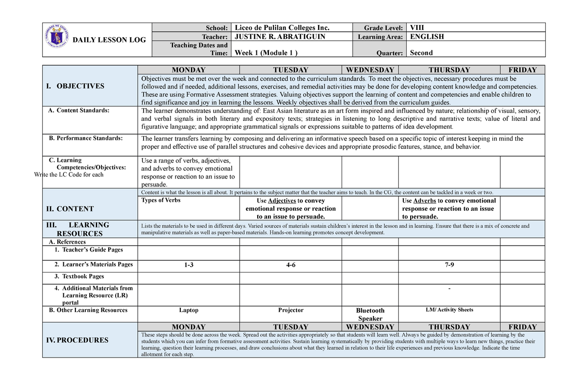 DLL IN English 8 2ND Grading WEEK 1 - DAILY LESSON LOG School: Liceo de ...