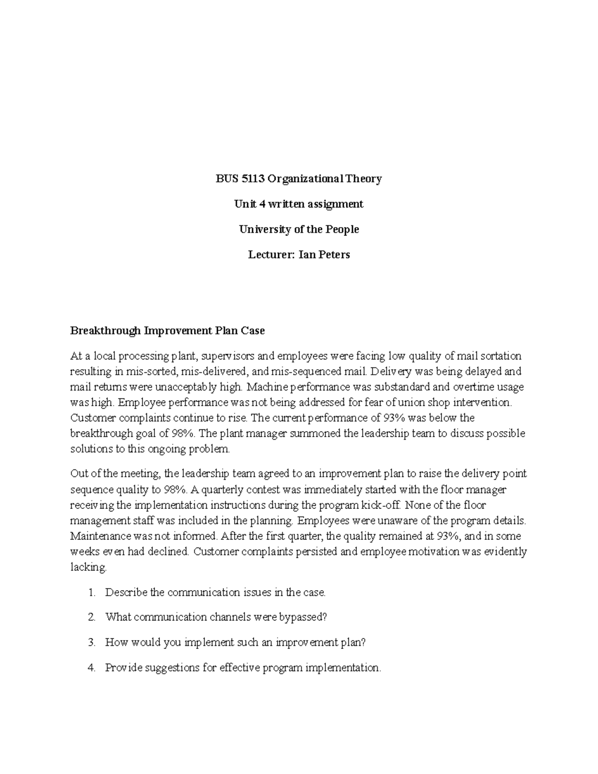 BUS 5113 Organizational Theory unit 4 written assignment - BUS 5113 ...