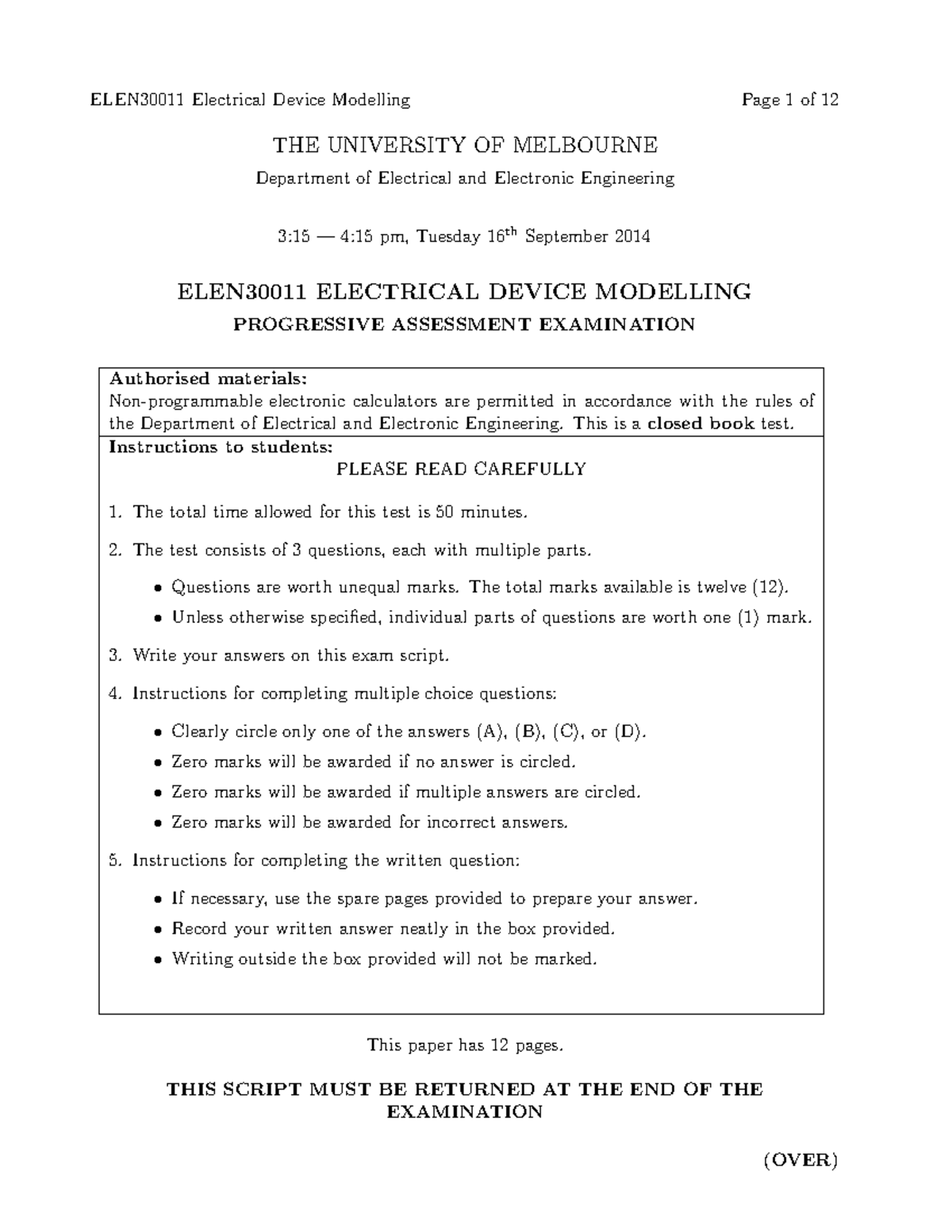 Test 16 September 2014, questions and answers ELEN30011 Electrical