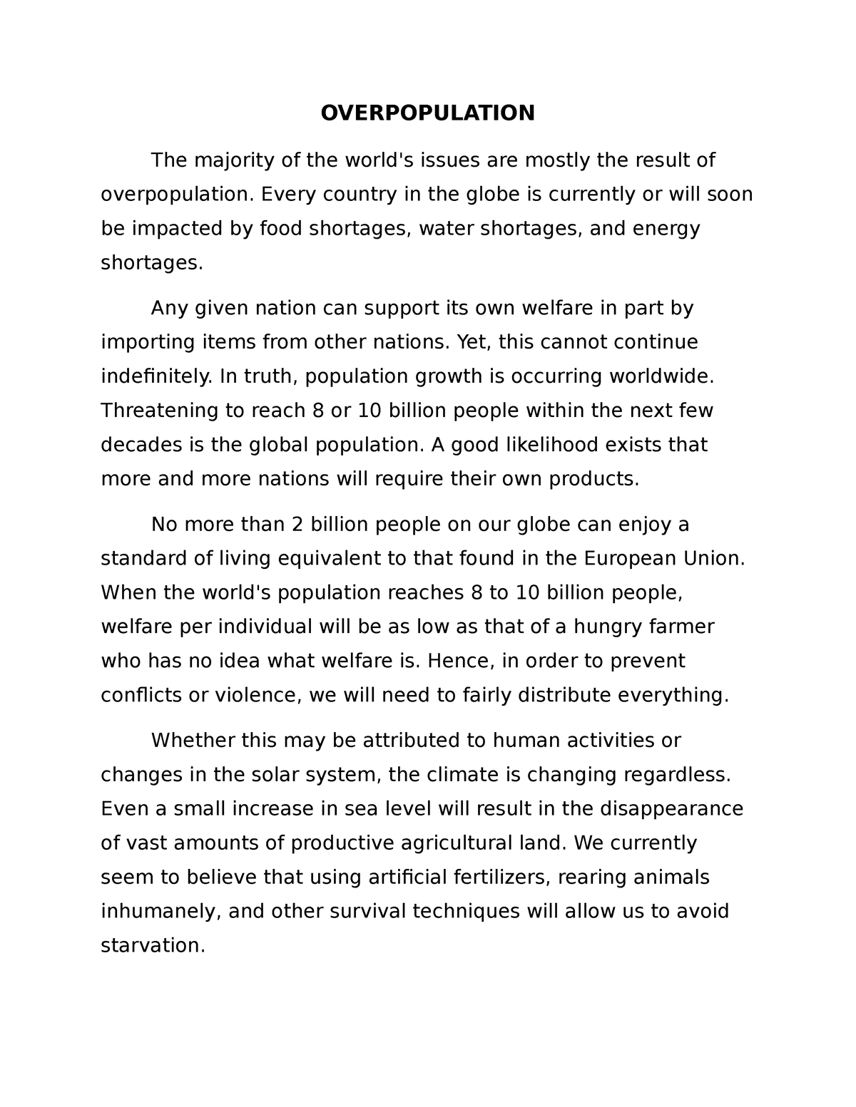 essay about overpopulation brainly