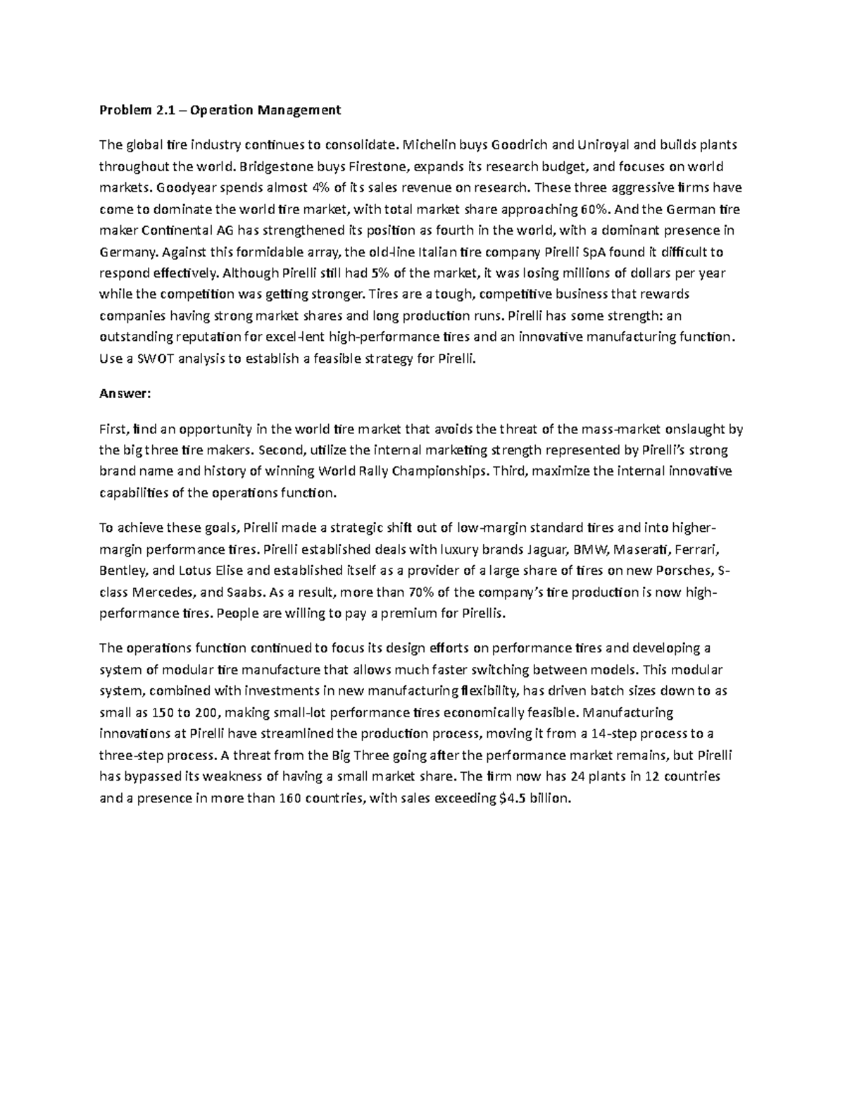 Problem 2.1-Operation Management - Problem 2 – Operation Management The ...