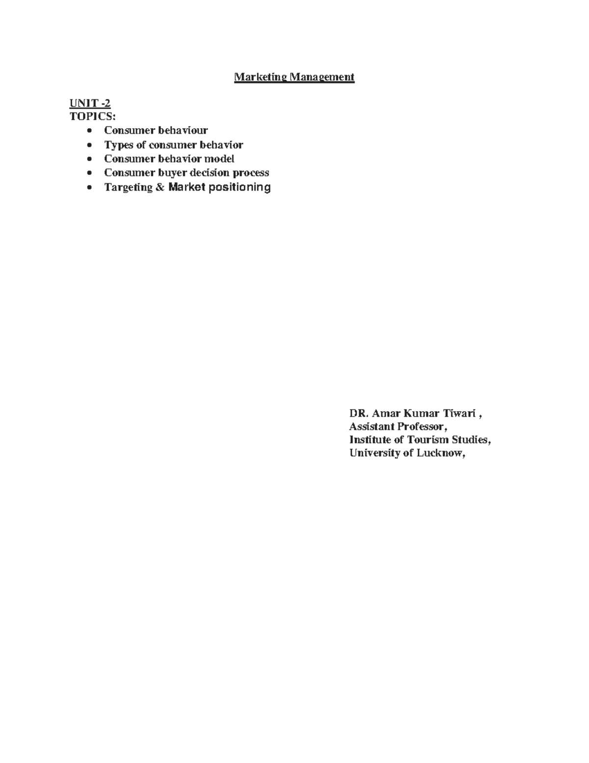 Consumer Behaviour - Marketing Management UNIT - TOPICS: Consumer ...