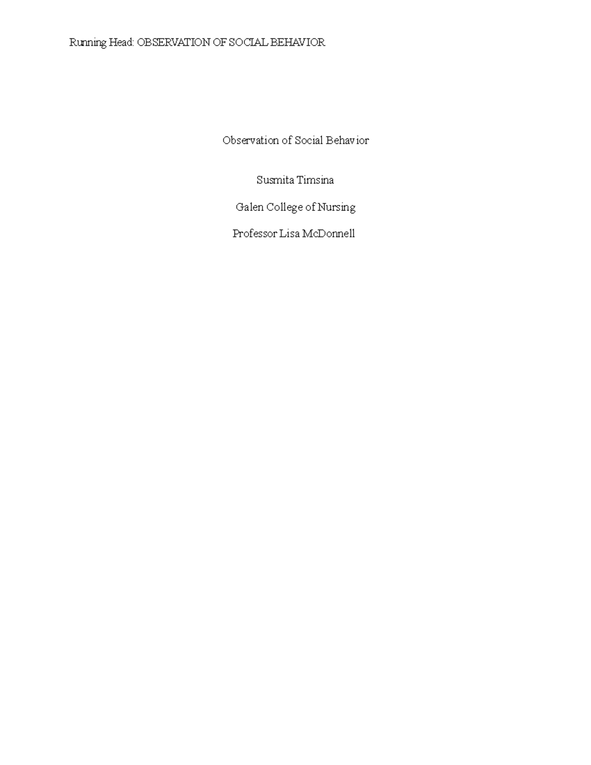 Observation of Social Behavior - Observation of Social Behavior Susmita ...