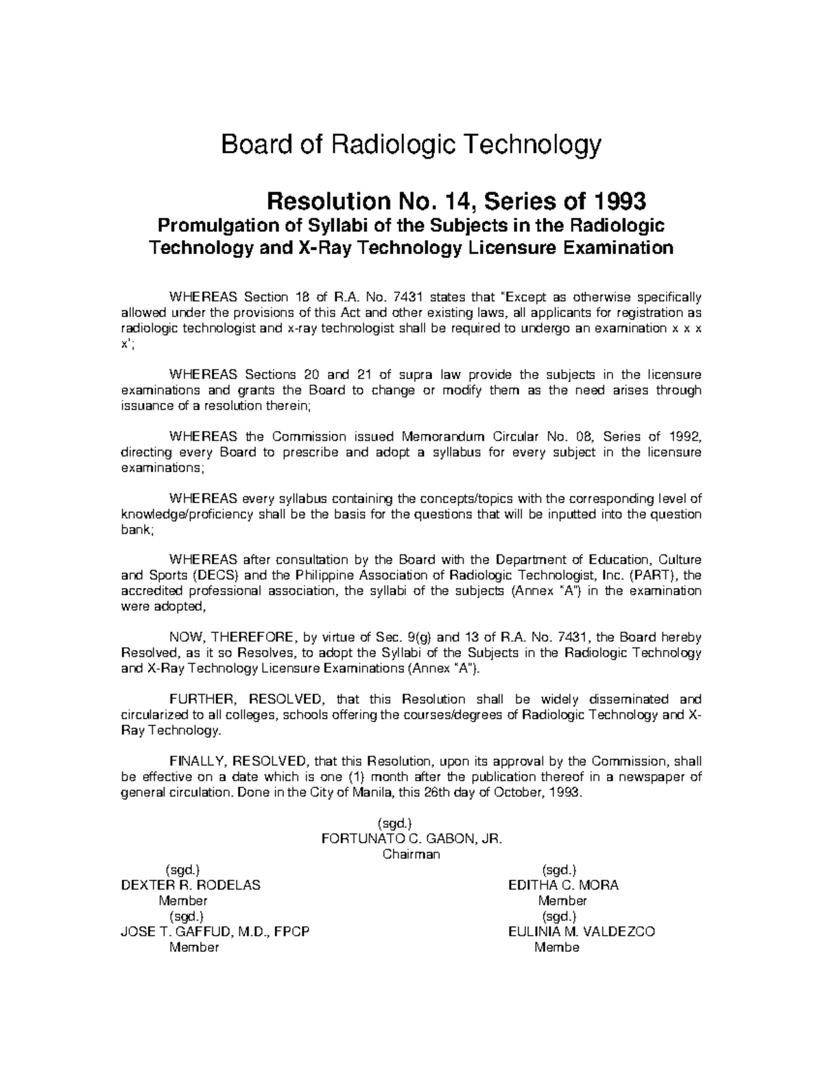 Radiologic Technology Syllabi Board of Radiologic Technology